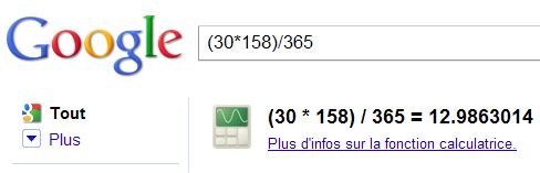 Calculatrice Google: (30 * 158) / 365 = 12.9863014