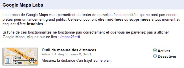 Fenêtre de choix des options Google Labs