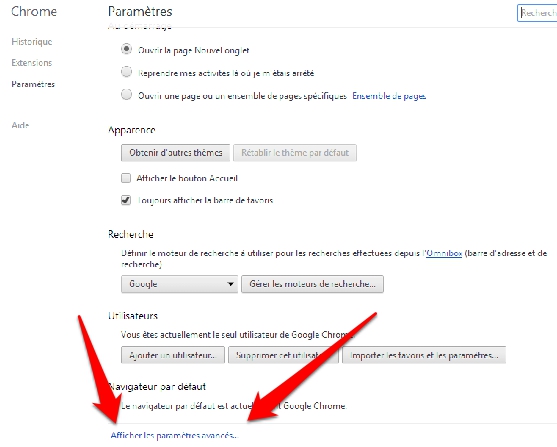 Parametres avancés de Google Chrome