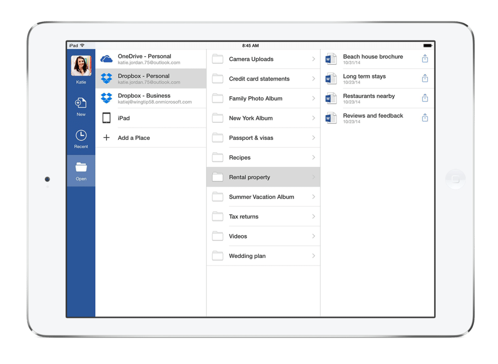 Vos documents Office sur Dropbox sont accessible directement depuis l'application Office