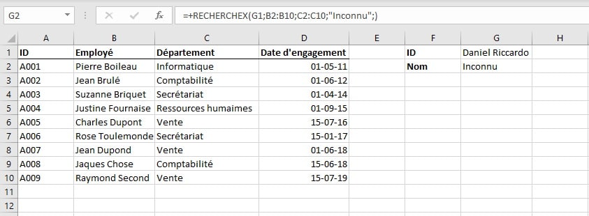 RECHERCHEX: démonstration de l'argument [Si_non_trouvé] - Excel