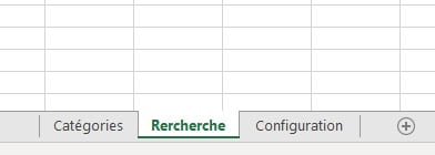 Onglets du fichier Excel des catégories cachées