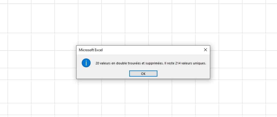 Résultat de la suppression des doublons du fichier excel