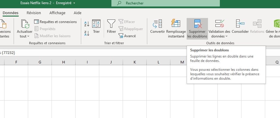 Outil Excel de suppression des doublons