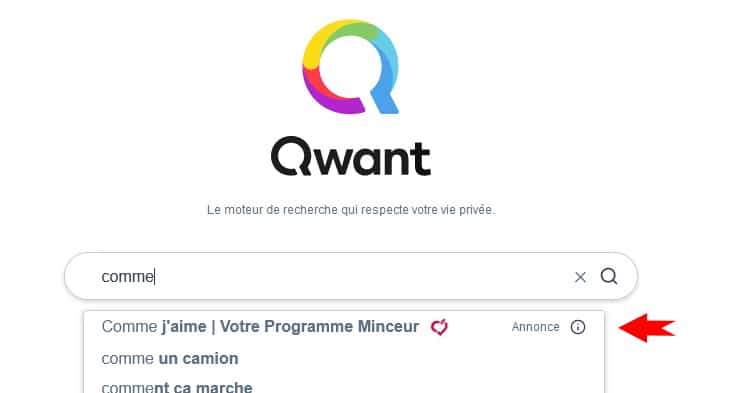 Publicité de type brand suggest du moteur de recherche Qwant