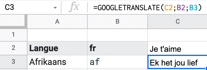 Formule simple pour traduire un texte avec la fonction GOOGLETRANSLATE