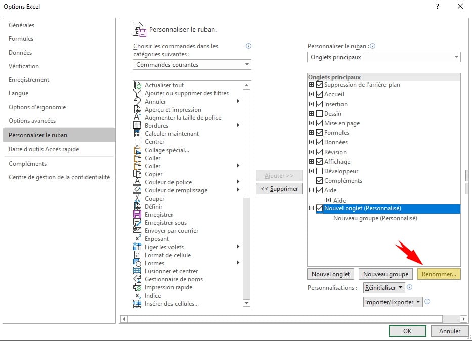 Renomer un onglet de menu personalisé dans Excel